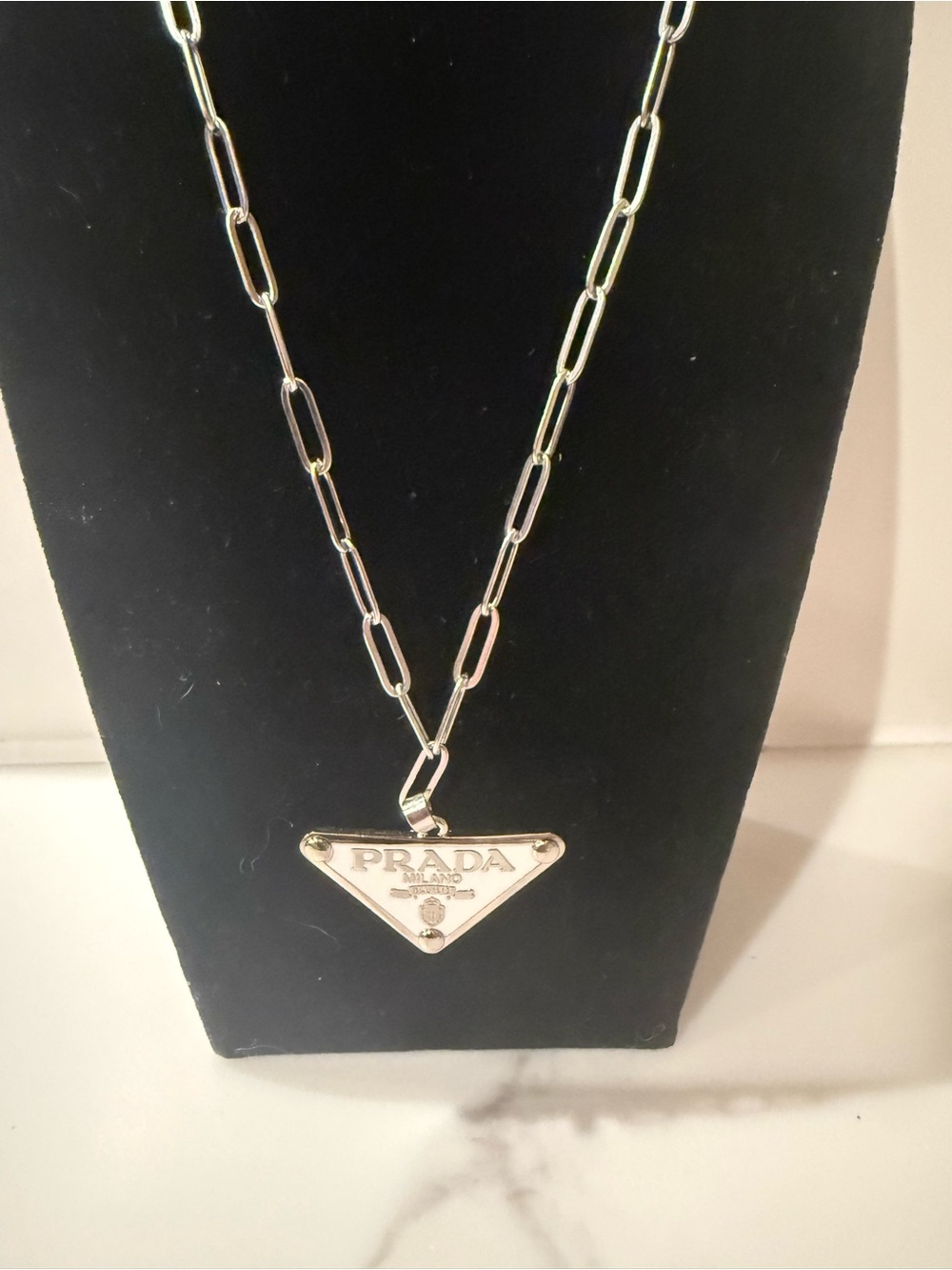 Upcycled Prada White Enamel Triangle Logo Pendant Necklace - Picture 4 of 6